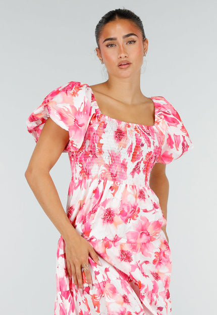 NEW100626 Roze Bloemen Maxi Jurk met Pofmouwen
