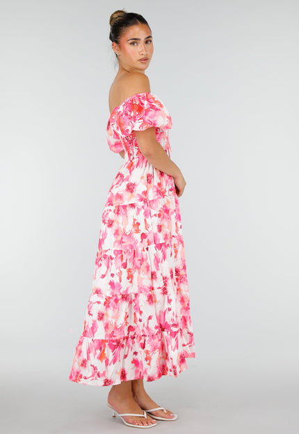 NEW100626 Roze Bloemen Maxi Jurk met Pofmouwen