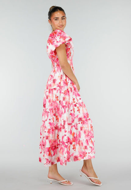 NEW100626 Roze Bloemen Maxi Jurk met Pofmouwen