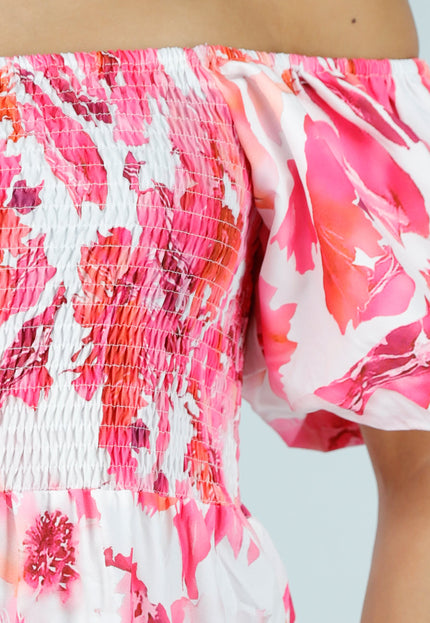 NEW100626 Roze Bloemen Maxi Jurk met Pofmouwen