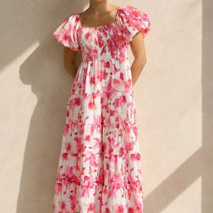NEW100626 Roze Bloemen Maxi Jurk met Pofmouwen
