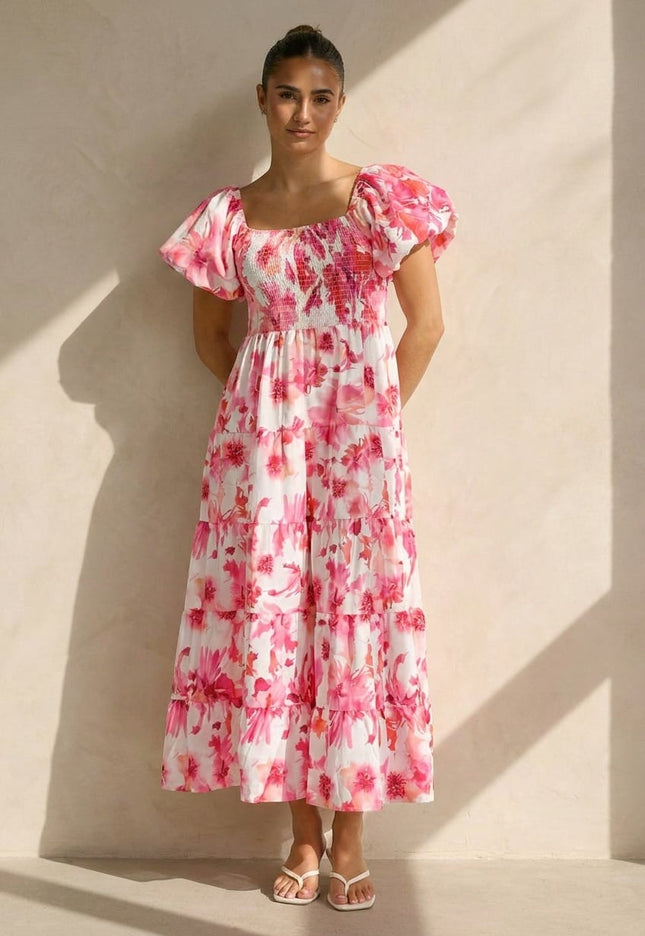 NEW100626 Roze Bloemen Maxi Jurk met Pofmouwen