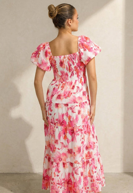 NEW100626 Roze Bloemen Maxi Jurk met Pofmouwen