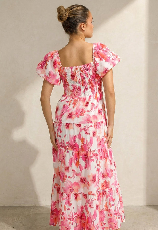 NEW100626 Roze Bloemen Maxi Jurk met Pofmouwen