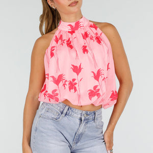 NEW100626 Roze Halter Top met Bloemenprint