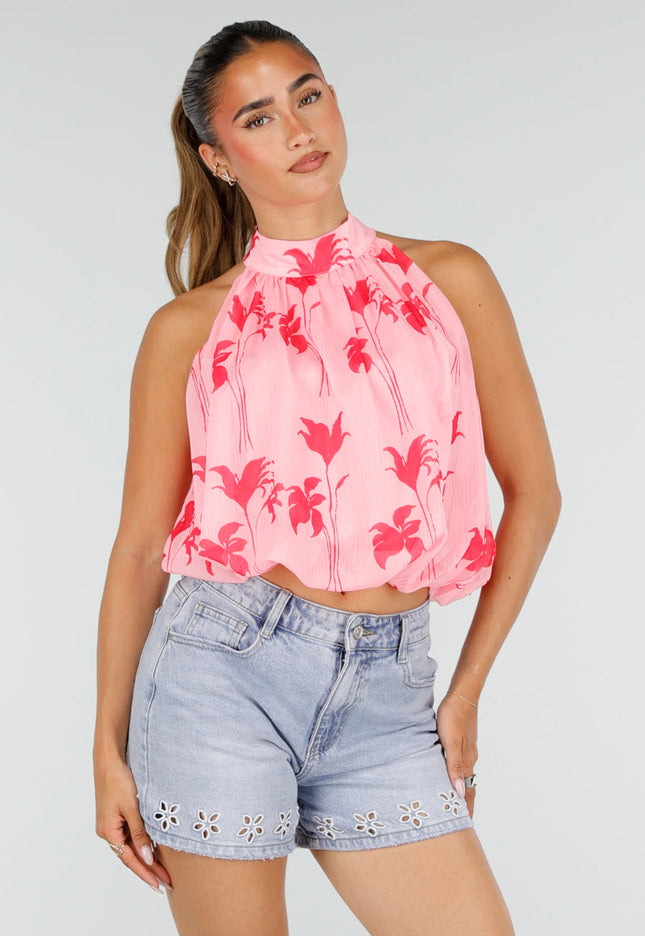 NEW100626 Roze Halter Top met Bloemenprint