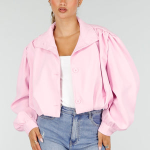 NEW100626 Roze Kort Jasje met Pofmouwen