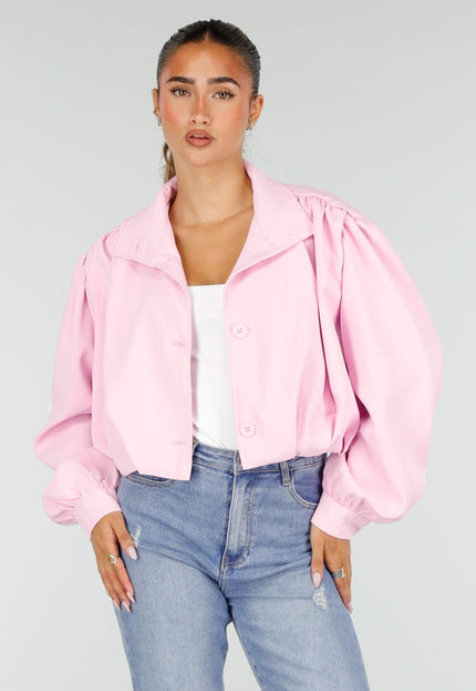 NEW100626 Roze Kort Jasje met Pofmouwen