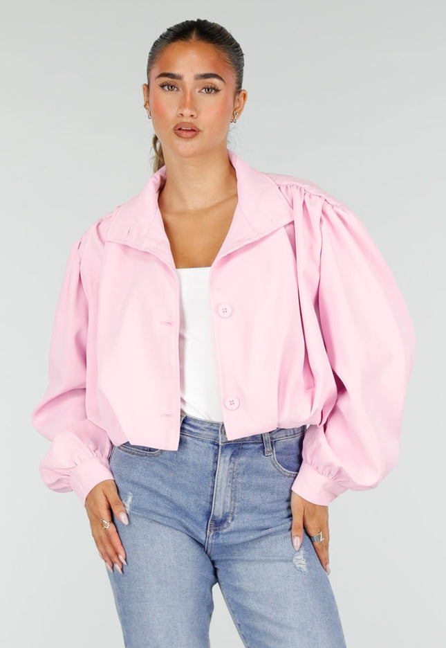 NEW100626 Roze Kort Jasje met Pofmouwen