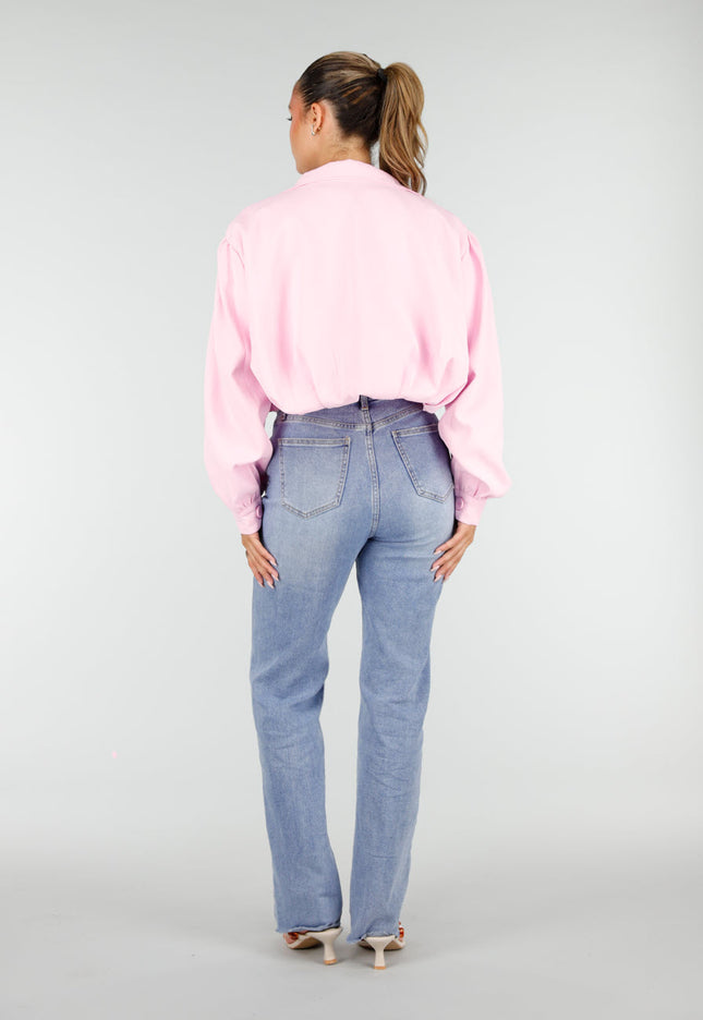 NEW100626 Roze Kort Jasje met Pofmouwen