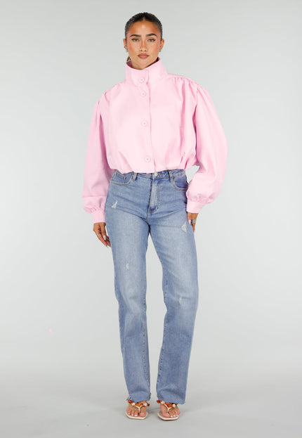NEW100626 Roze Kort Jasje met Pofmouwen