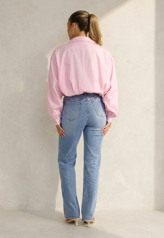 NEW100626 Roze Kort Jasje met Pofmouwen