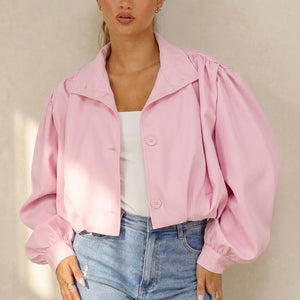 NEW100626 Roze Kort Jasje met Pofmouwen