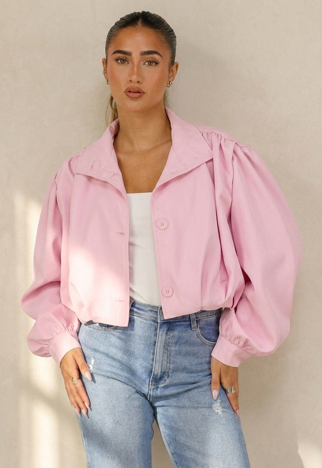 NEW100626 Roze Kort Jasje met Pofmouwen