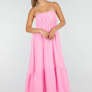 NEW100626 Roze Mousseline Maxi Jurk met Spaghettibandjes