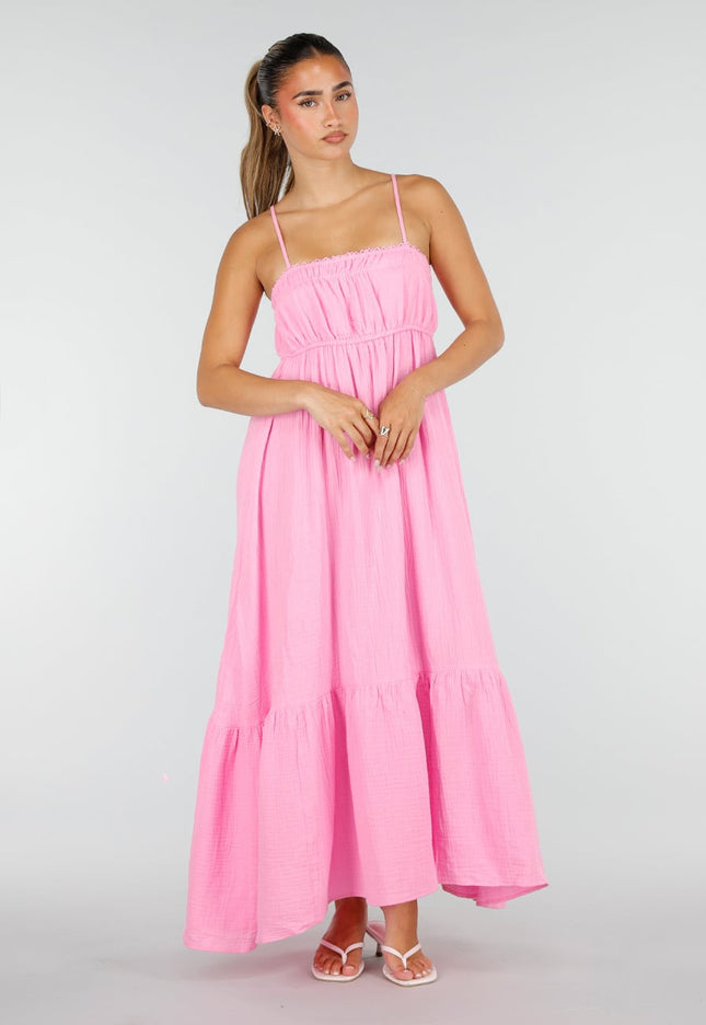NEW100626 Roze Mousseline Maxi Jurk met Spaghettibandjes