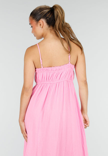 NEW100626 Roze Mousseline Maxi Jurk met Spaghettibandjes
