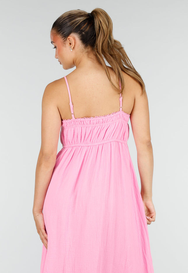 NEW100626 Roze Mousseline Maxi Jurk met Spaghettibandjes