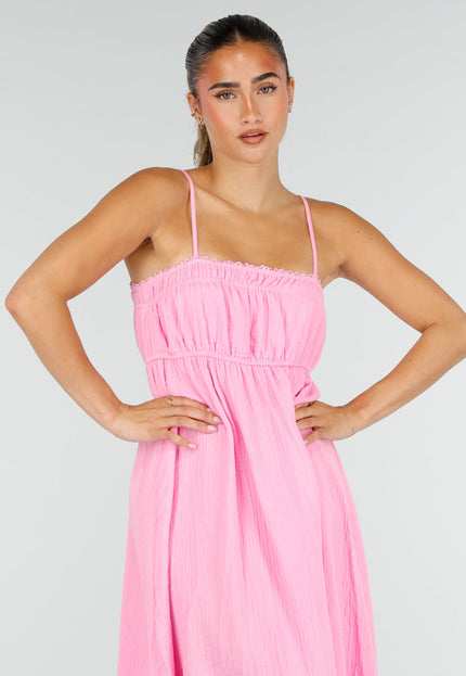 NEW100626 Roze Mousseline Maxi Jurk met Spaghettibandjes