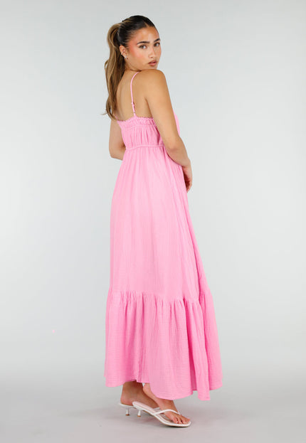 NEW100626 Roze Mousseline Maxi Jurk met Spaghettibandjes