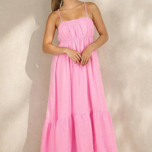 NEW100626 Roze Mousseline Maxi Jurk met Spaghettibandjes