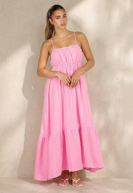 NEW100626 Roze Mousseline Maxi Jurk met Spaghettibandjes