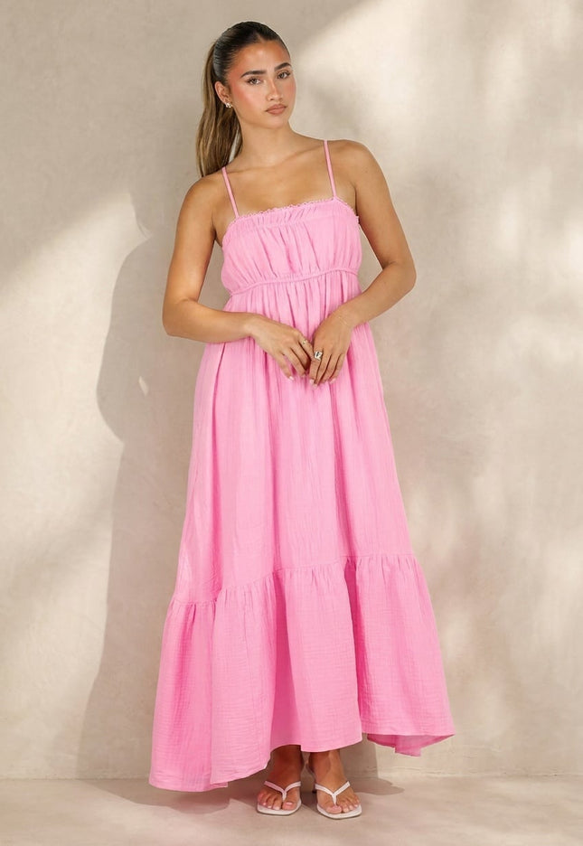 NEW100626 Roze Mousseline Maxi Jurk met Spaghettibandjes