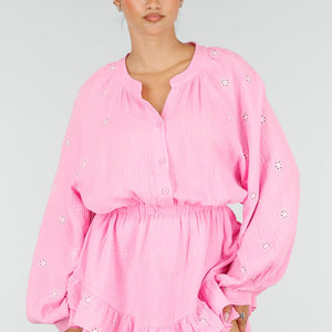 NEW100626 Roze Mousseline Playsuit met Broderie