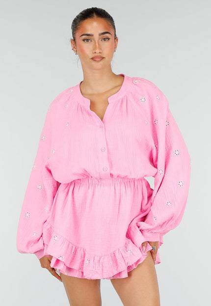 NEW100626 Roze Mousseline Playsuit met Broderie