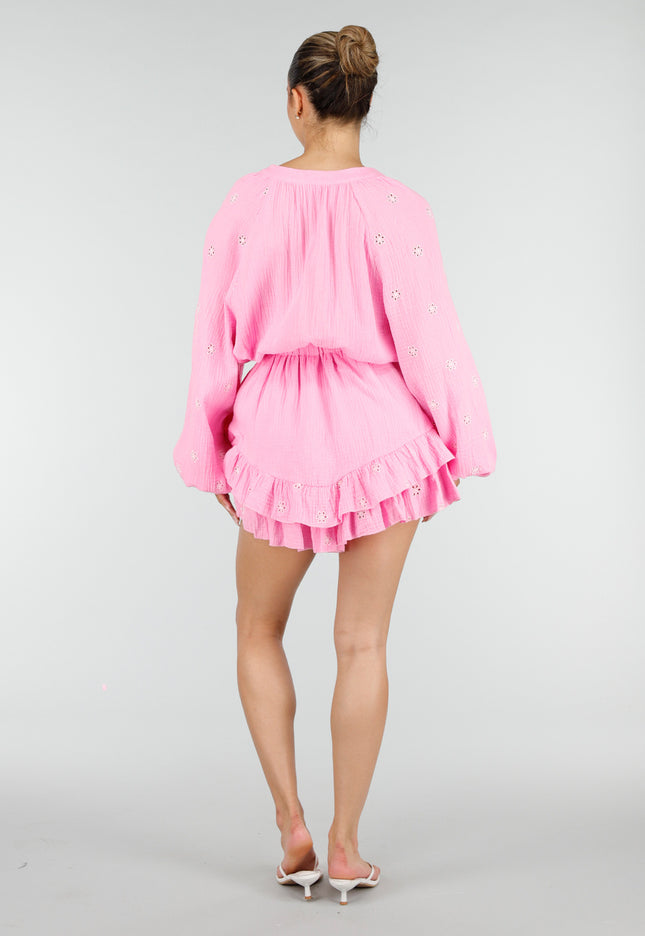 NEW100626 Roze Mousseline Playsuit met Broderie