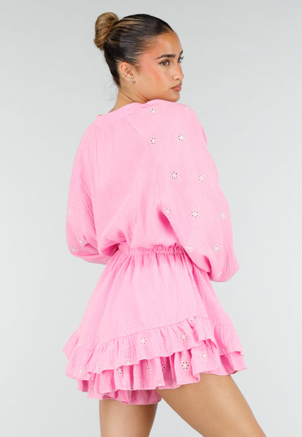 NEW100626 Roze Mousseline Playsuit met Broderie