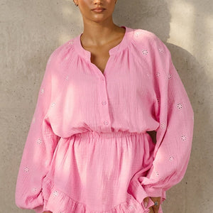 NEW100626 Roze Mousseline Playsuit met Broderie