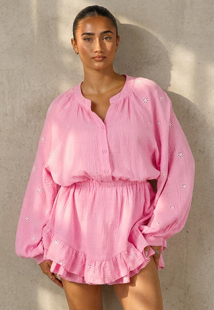 NEW100626 Roze Mousseline Playsuit met Broderie