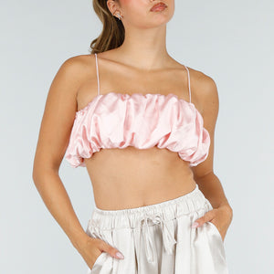 NEW100626 Roze Satijnen Cropped Top met Spaghettibandjes