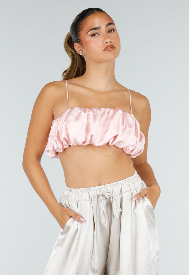 NEW100626 Roze Satijnen Cropped Top met Spaghettibandjes