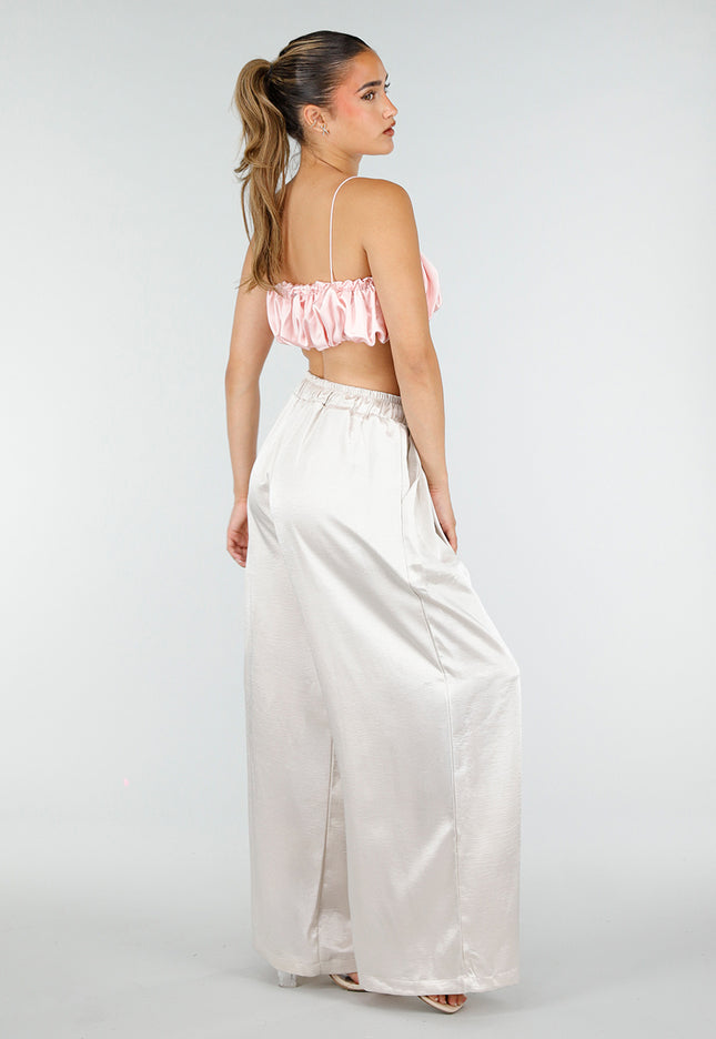 NEW100626 Roze Satijnen Cropped Top met Spaghettibandjes