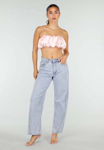 NEW100626 Roze Satijnen Cropped Top met Spaghettibandjes