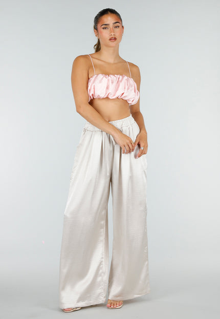 NEW100626 Roze Satijnen Cropped Top met Spaghettibandjes