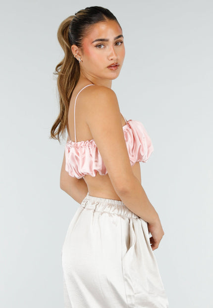 NEW100626 Roze Satijnen Cropped Top met Spaghettibandjes