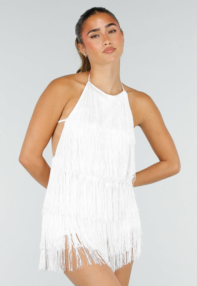 NEW100626 Witte Fringe Halter Playsuit