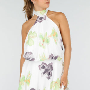 NEW100626 Witte Halter Mini Jurk met Bloemenprint