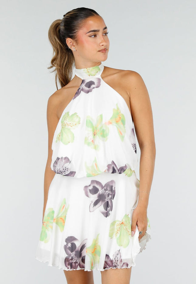 NEW100626 Witte Halter Mini Jurk met Bloemenprint