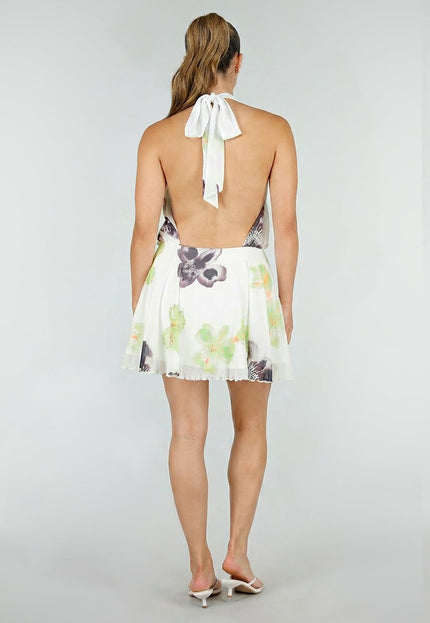 NEW100626 Witte Halter Mini Jurk met Bloemenprint