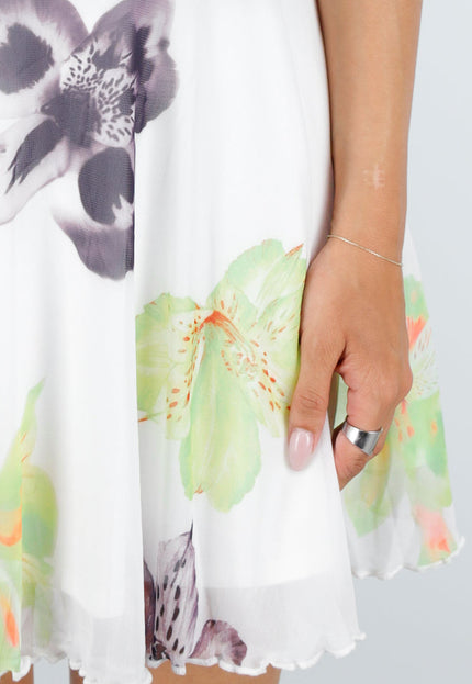 NEW100626 Witte Halter Mini Jurk met Bloemenprint