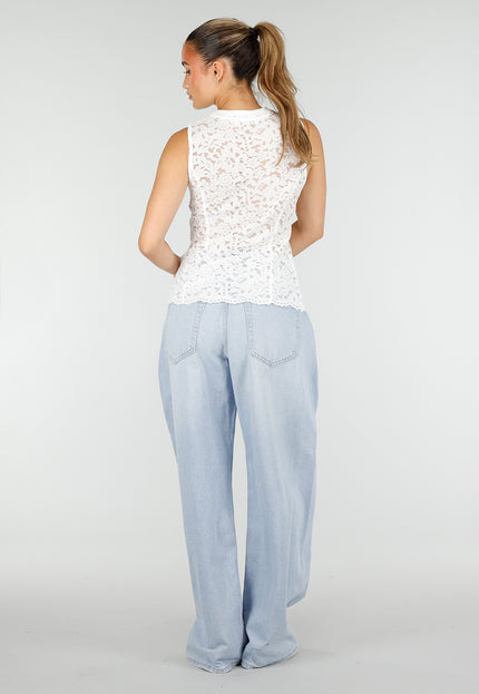 NEW100626 Witte Kanten Mouwloze Top met Knoopjes