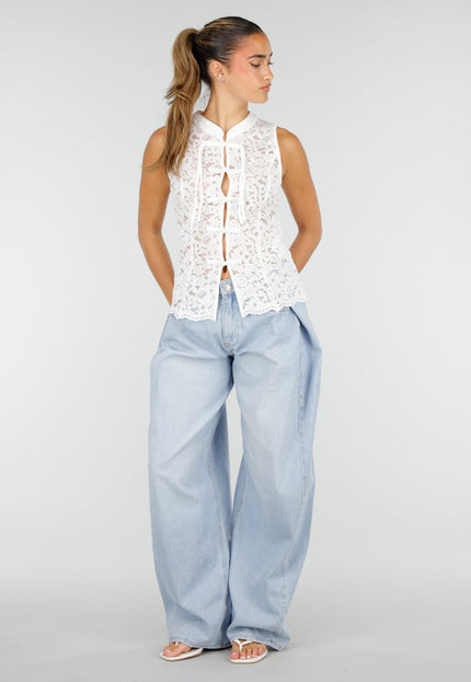 NEW100626 Witte Kanten Mouwloze Top met Knoopjes