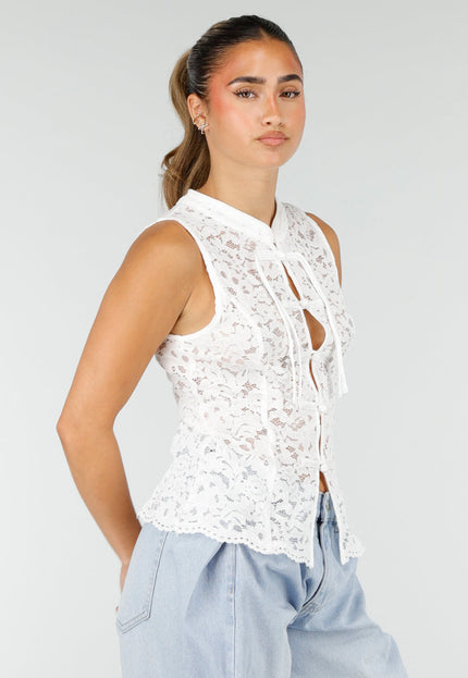NEW100626 Witte Kanten Mouwloze Top met Knoopjes