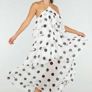 NEW100626 Witte Maxi Halter Jurk met Stippen
