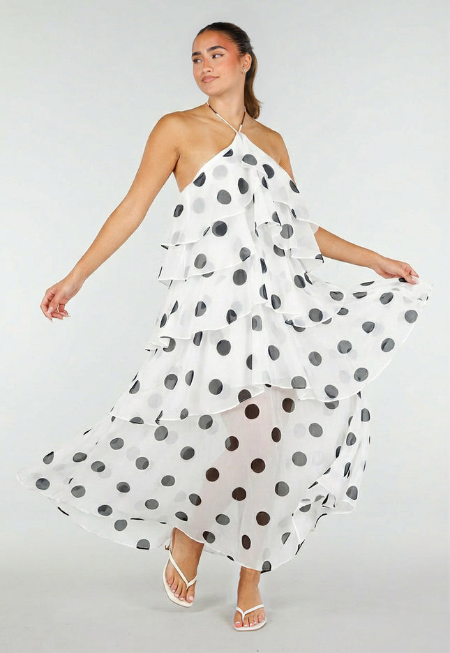 NEW100626 Witte Maxi Halter Jurk met Stippen