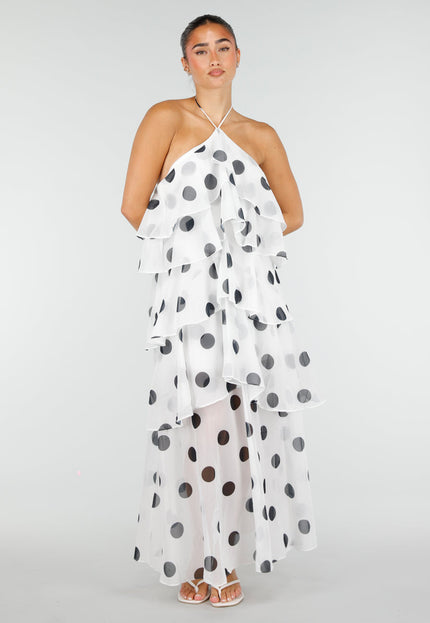 NEW100626 Witte Maxi Halter Jurk met Stippen